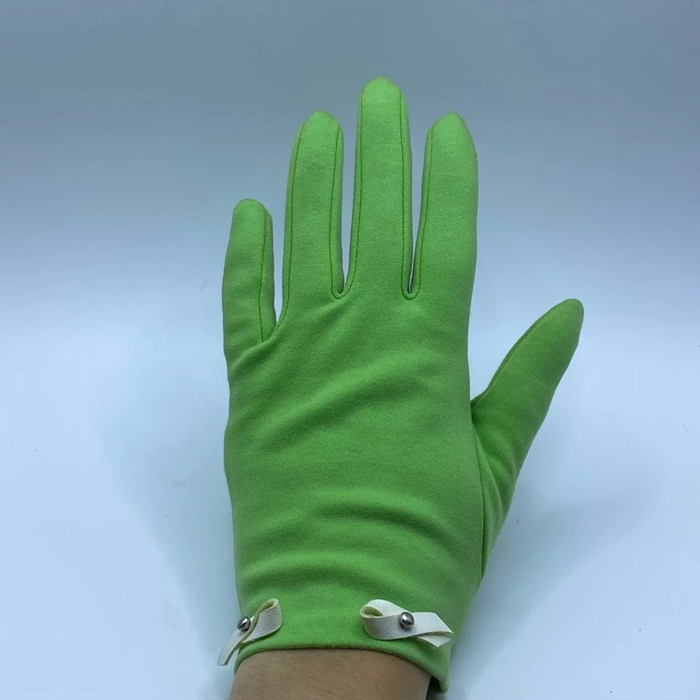 True Vintage 60s Mod Green Suede Gloves White Leather Bow Stud Detail Coquette